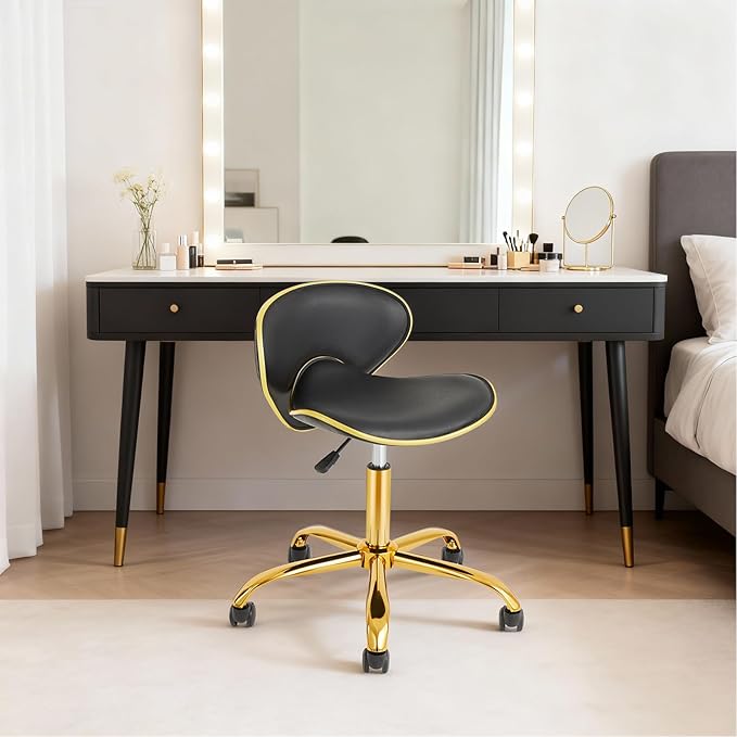 Rolling Salon Stool with Back, Set of 2 Saddle Chair Adjustable Swivel Chair for Massage Tattoo, Comfy Swivel Stool with Wheels for Beauty, Esthetician, Medical, Shop-Black