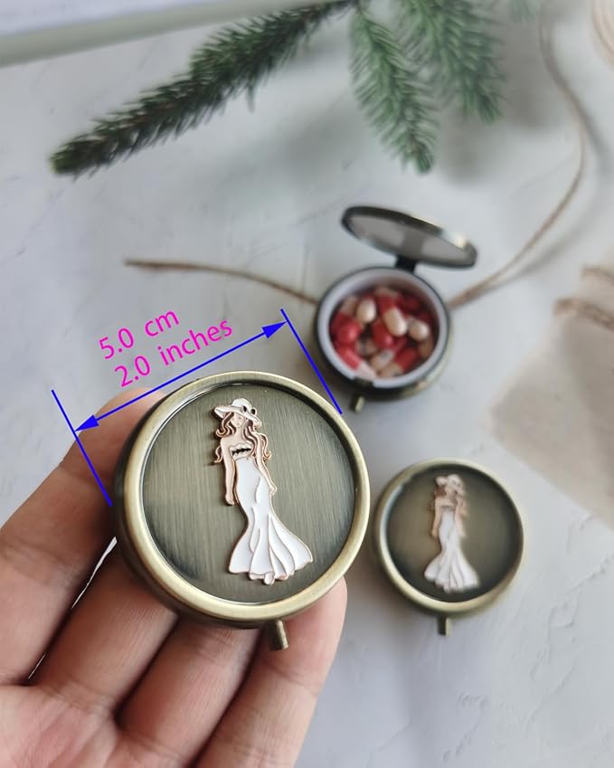 Exquisite Daily Pill Organizer Box - Weekly Vitamin Pill Box Round Metal Pill Box, Small Travel Pill Organizer Box for Purse, Round Compact Travel Medication Case (Beautiful Woman)
