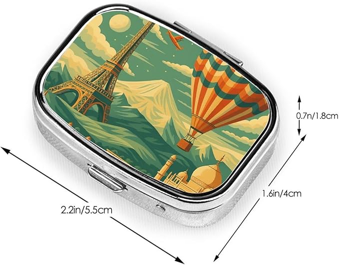 Eiffel Tower & Fire Balloon Pill Box with Mirror 2 Compartments Square Pill Organizer for Pocket