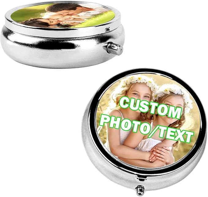 Custom Pill Box Organizer Travel With Photo,Logo,Text Personalized Metal Medicine Pill Case Waterproof Tablet Vitamin Holder Organizer for Purse Pocket Travel Gifts with Mirror&Key Rings 3 Compartment
