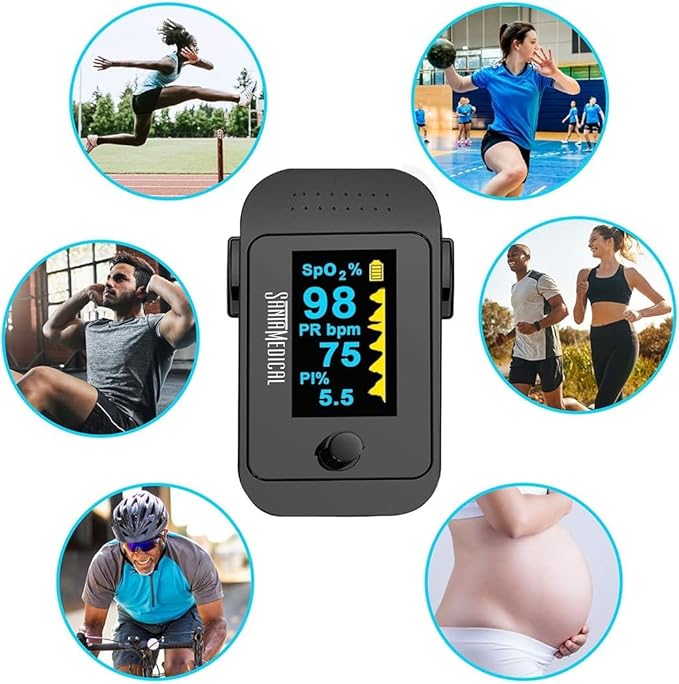Santamedical Dual Color OLED Pulse Oximeter Fingertip, Blood Oxygen Saturation Monitor (SpO2) with Case, Batteries and Lanyard