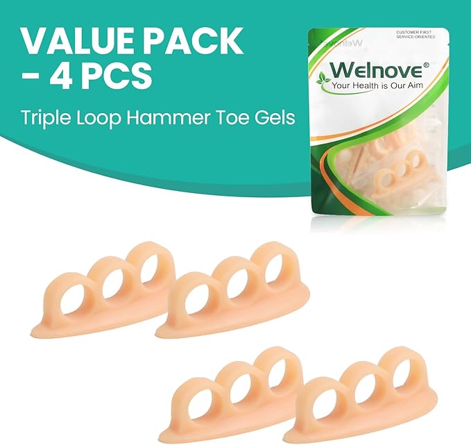 Welnove Hammer Toe Crests Straightener 4 Pcs Gel Toe Support Pads Cushion Relief for Overlapping-Curled-Hammer-Claw Toes, 3 Loop Design, Beige