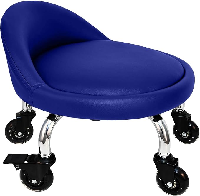 Rolling Stool with Backrest VAPAA TAIDE 450 Lbs High Weight Capacity PU Leather Roller Seat and Heavy-Duty Crystal Universal Wheels for Men Women Boy Girl Furniture Gift, Home Office Blue