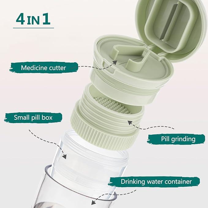 4 in 1 Pill Cutter Splitter, Pill Cutter for Small or Large Pills, Travel Pill Organizer with Crusher Grinder Fine Powder, Stainless Steel Blade, Removable Drinking Cup (Green)