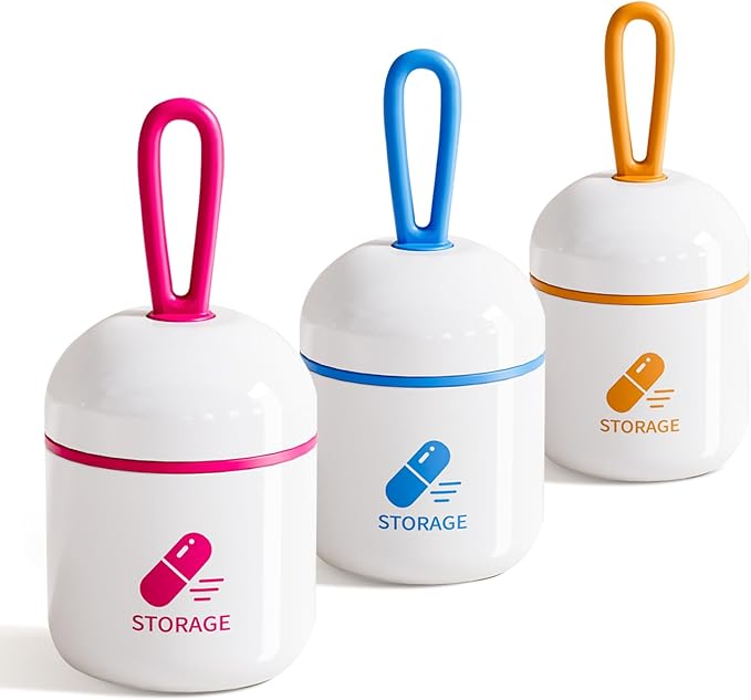 Keychain Pill Holder, Small Pill Box Case Container Organizer for Purse, Removable Divider, Silicone Moisture Proof Mini Pill Bottle for Outdoor Camping Travel (3 Pack, Blue Orange Fuchsia)