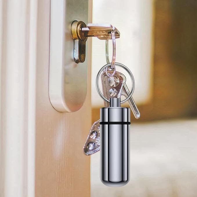 Premium Aluminum Alloy Pill Box Keychain Pill Holder Keychain Ring (Black Silver) (4 Pack)