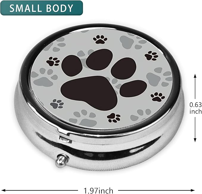 Pill Box 3 Compartment Pocket Small Pill Organizer Mini Metal Pill Holder Travel Portable for Man Woman Old People and Children - Dog Footprints