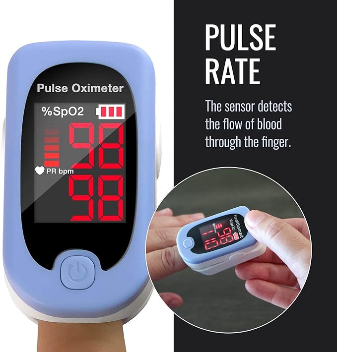 HealthSmart Pulse Oximeter for Fingertip, Displays Blood Oxygen Saturation & Pulse Rate, Accurate & Reliable, Batteries & Lanyard Included
