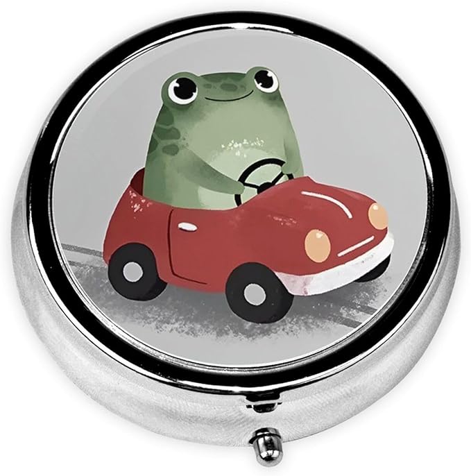 Metal Pill Organizer - 3-Compartment Mini Round Pill Case for Pocket & Purse, Portable Vitamin Holder, Easy-Open Design for Travel - Cute Frog