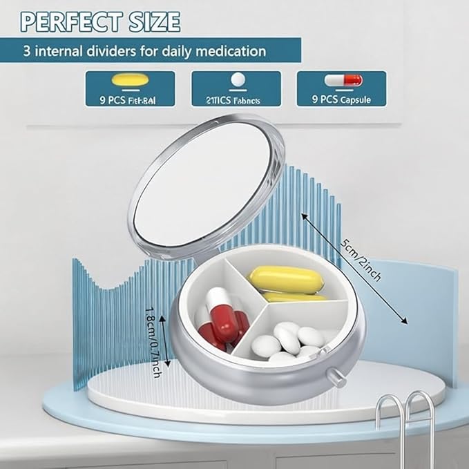 3-Compartment Pill Organizer with Mirror Retro Small Bronze Pill Case for Purse, Floral Design Travel Pill Box for Vitamins, Fish Oil, Supplements | Portable & Compact (Color B, One Compartment)