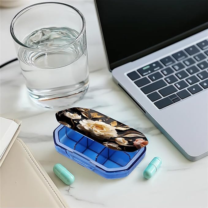 This Portable 3D White Peony Pattern 6 Compartment Pill Box Can Be Placed in A Pocket Or Wallet to Store Vitamins, Medicines Health Supplements Other Medications.