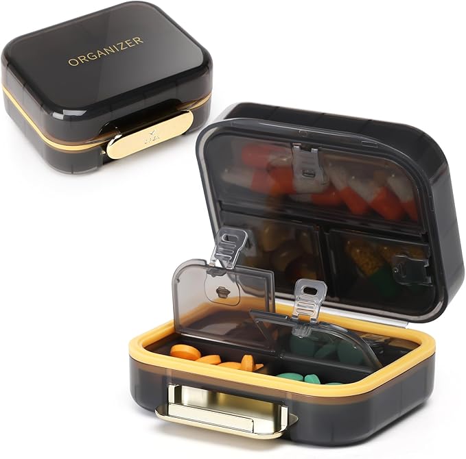 Toplive 7 Compartments Portable Pill Organizer Travel Medicine Pill Organizer, Moisture Proof Small Pill Case Pocket Pill Holder Daily Pill Container Box for Fish Oil Vitamins, Black