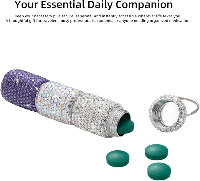 3 Compartment Small Pill Holder Keychain Bling Pill Container with Key Chain Travel Pill Organizer Medicine Box for Women (White+AB+Purple)
