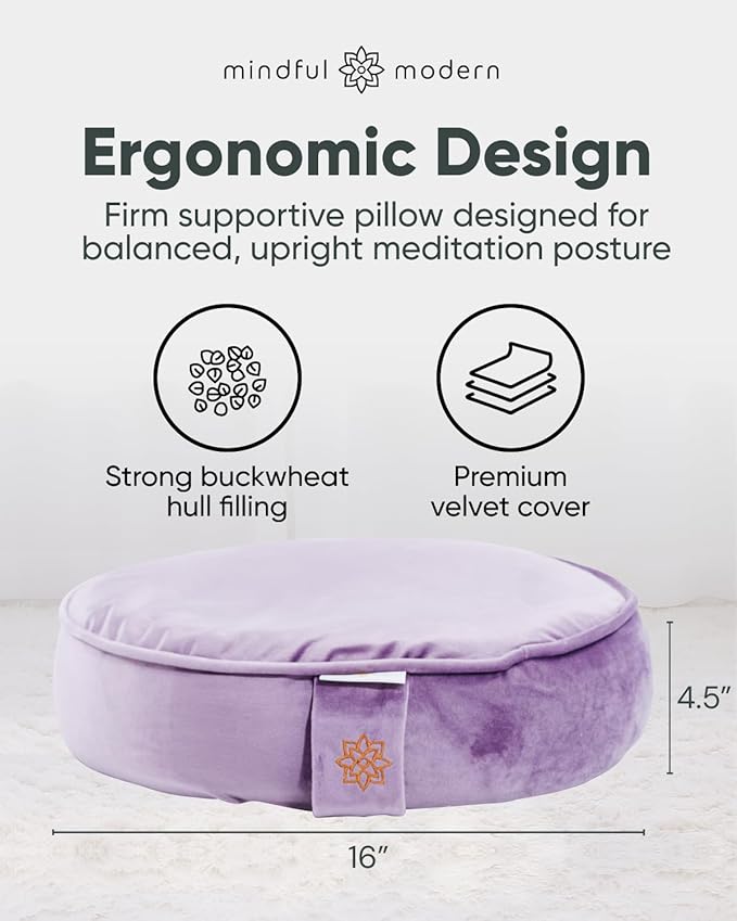 Mindful Modern Velvet Meditation Cushion | Luxe Zafu Yoga Floor Pillow Seat | Posture Support | Buckwheat Hull Filled | Large Round Cushion with Removable Washable Cover + Carry Handle