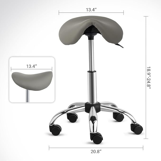 OmySalon Adjustable Saddle Stool with Footrest, Hydraulic Rolling Salon Chair, 360° Swivel Wheels Ergonomic Stool for Hair Stylists, Tattoo Artists, Office, Spa, Massage, Dental (Grey)