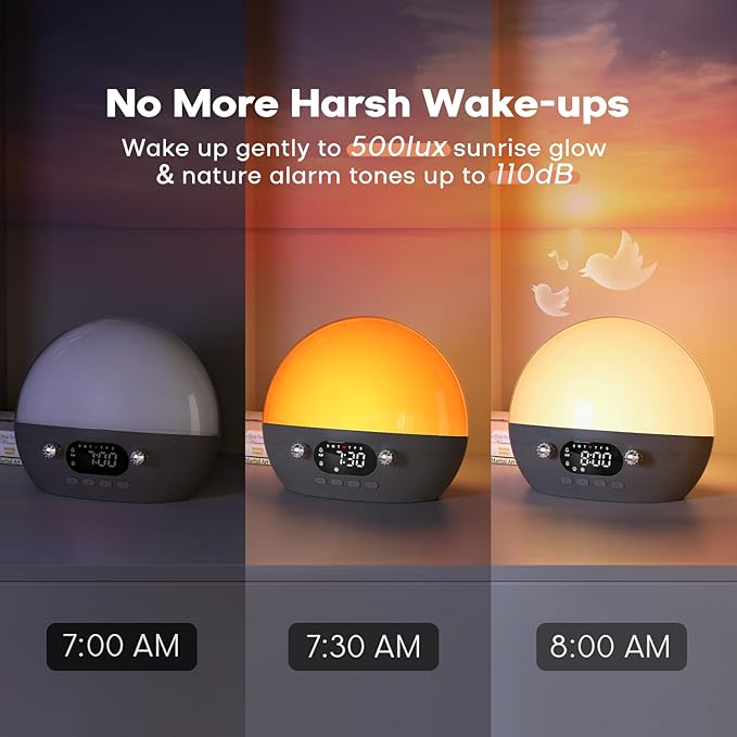 Dekala RestOnn Sunset Sound Machine Sunrise Alarm Clock White Noise Natural Sounds Amber Night Light, 7-day Programmable Dual Alarm Clock, Bluetooth Speaker, 3000mAh Battery Backup, App Control, Black
