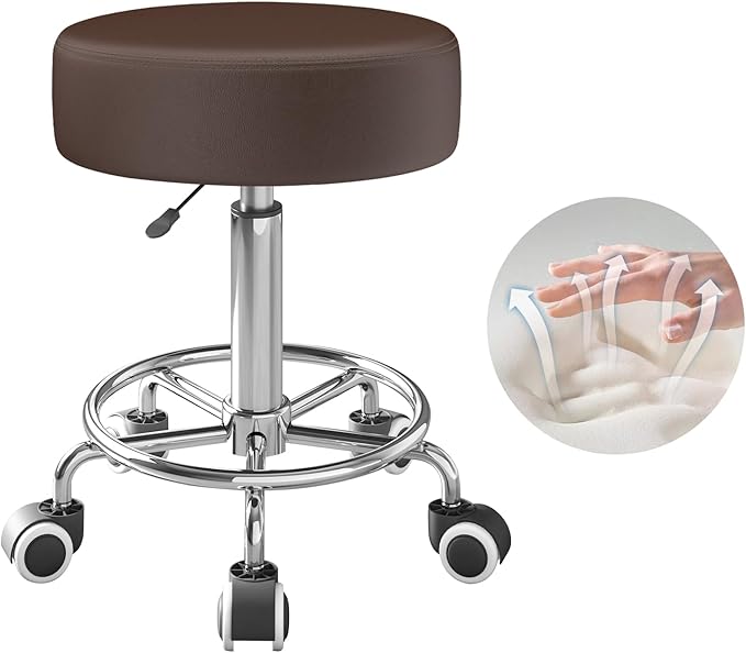 Rolling Stool, Heavy Weight Capacity 250lb, PU Leather Rolling stools, Ultra Soft Padded Seat, Rolling Stools with Wheels and Footrest, 360° Swivel, Spa Drawing Salon Work Office Tattoo Stool (Brown)