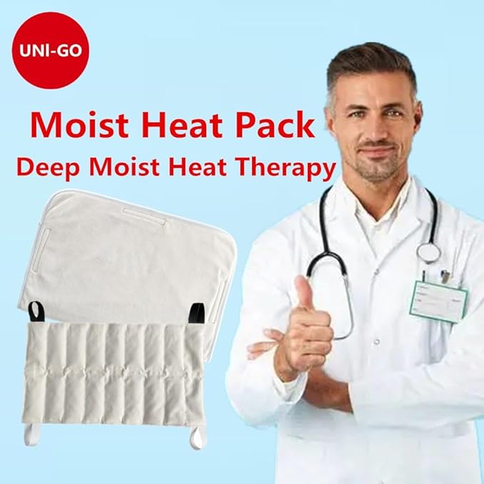 UNI-GO Moist Heat Pack, Relieve Body Fatigue, Pain, Backache, Arthritis, Joint Stiffness, Sprains, Bruises, General Soreness and Spasms. (Large-10 x18 Set with Terry Cover)