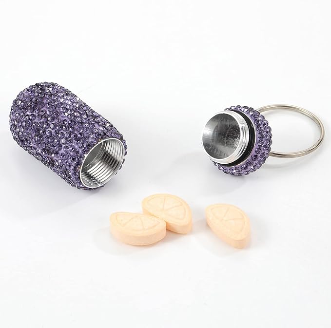 Bling Pill Case Portable Travel Pill Container Bottle Rhinestone Waterproof Small Pill Holder with Keychain Cute Mini Pill Storage Box for Outdoor Camping (Pink Purple)