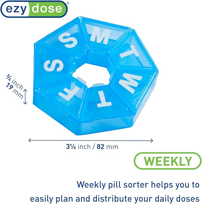 EZY DOSE 7-Day Weekly Pill Organizer, Daily Medicine Container and Vitamin Planner, Round Supplement Case, Compact Travel Friendly, Portable Storage Sorter, 7-Sided Circle, Blue BPA Free