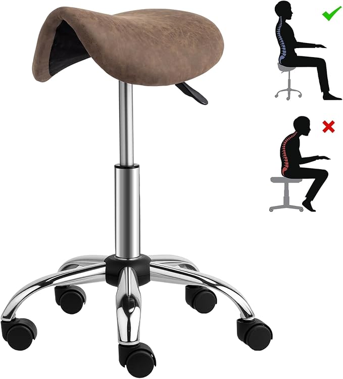 OmySalon Adjustable Saddle Stool with Footrest, Hydraulic Rolling Salon Chair, 360° Swivel Wheels Ergonomic Stool for Hair Stylists, Tattoo Artists, Office, Spa, Massage, Dental (Walnut)