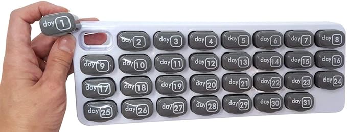 Monthly Med Organizer with 31 Daily Removable Pill Pods for Home, Work, Travel, Numbered Pillboxes for Supplements & Vitamins (Grey)