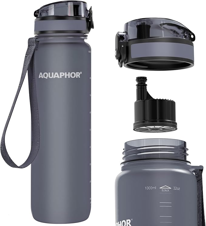 Nakii Filtered Water Bottle, Leakproof, BPA-Free, Motivational Markings, Travel, Everyday Use. 40-Gallon Filter, Replaces 300 Plastic Water Bottles. Includes 1 Filter, 22 FL Oz, Grey by Aquaphor