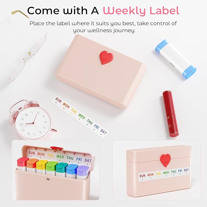 Daviky Pill Organizer 2 Times a Day - Large Capacity Weekly AM PM Pill Box with Heart Latch, 7 Day Travel Pill Case, Cute Medicine Organizer for Medication, Vitamins, Supplements