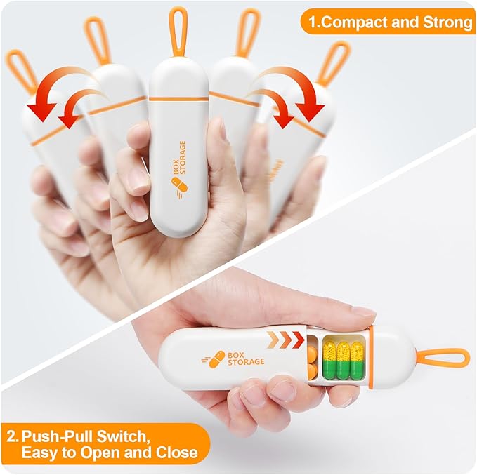 Toplive 2 Pack Travel Pill Organizer, Portable Pill Container Mini Daily Pill Organizer, Small Pill Case Travel Medicine Organizer Pocket Vitamin Supplement Fish Oil Box, White Orange & White Grey