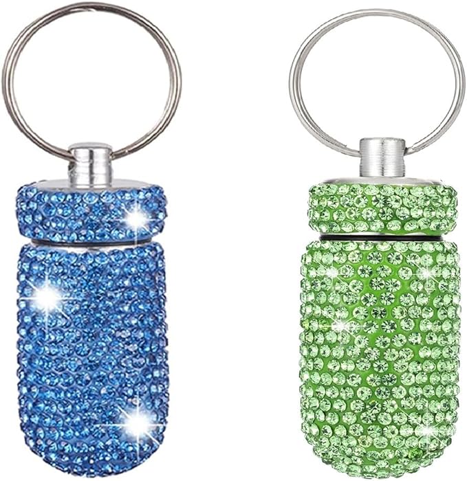 2 Pcs Pill Holder Keychain, Bling Aluminum Medicine Holder Pill Container Mini Size Waterproof and Light Weight Portable Pill Bottle Case (Light Blue+Light Green)