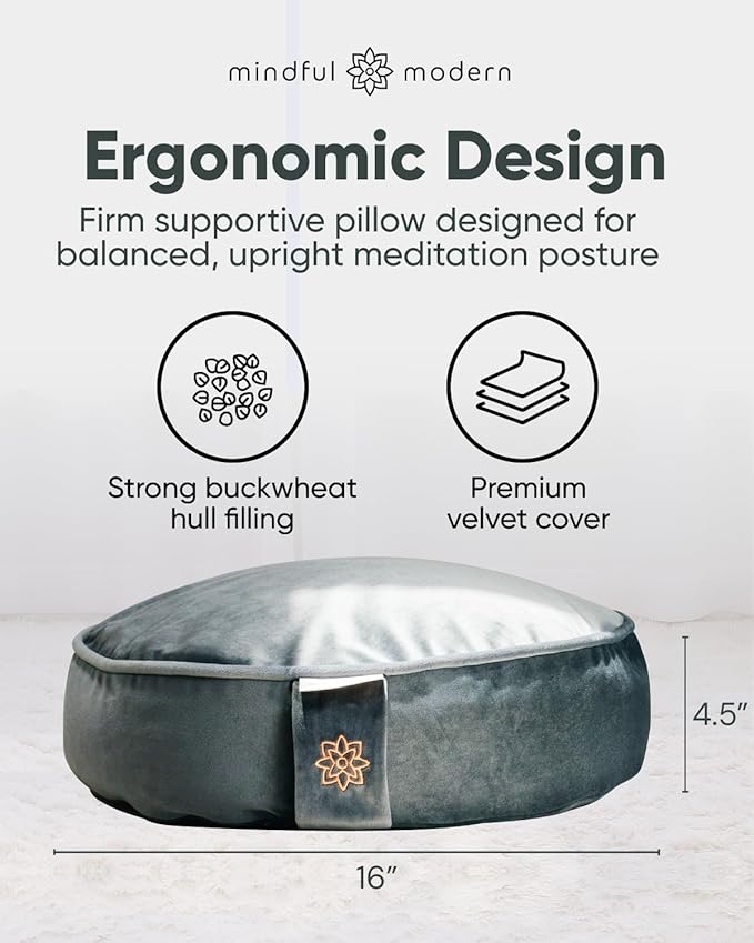 Mindful Modern Velvet Meditation Cushion | Luxe Zafu Yoga Floor Pillow Seat | Posture Support | Buckwheat Hull Filled | Large Round Cushion with Removable Washable Cover + Carry Handle