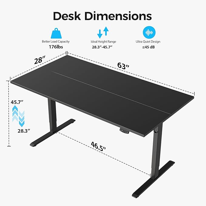 Agilestic Electric Standing Desk, 63 x 28 Inches Height Adjustable Desk, Sit Stand up for Work Office Home, Ergonomic Rising Computer Table with Memory Preset, Black