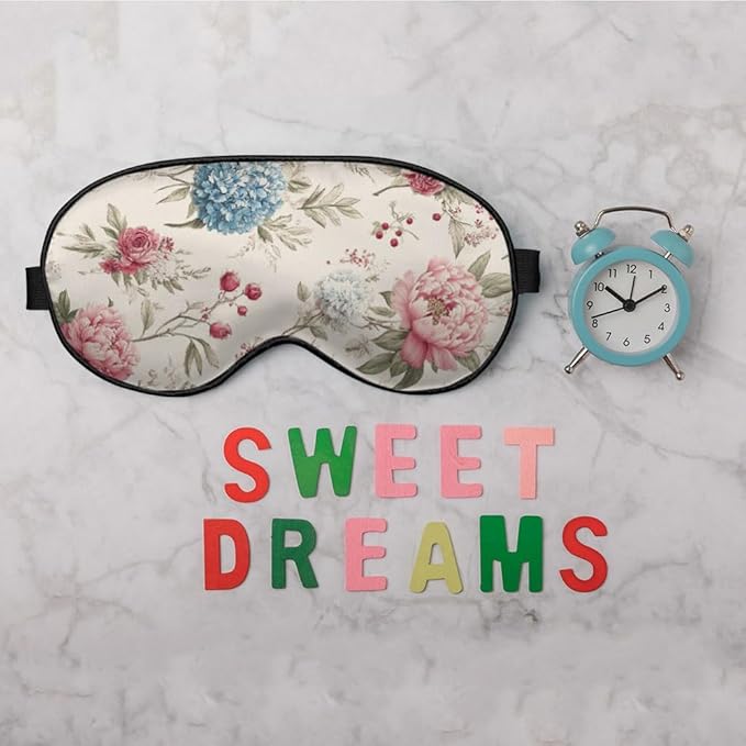 Watercolor Flowers Silk Eye Mask Sleep Mask Blue Pink Flowers Garden Spring Summer Nature Eye Mask with Adjustable Strap Lightweight for Women Work Travel Night Sleep
