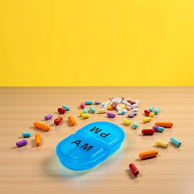Blue Daily Pill Box AM/PM Pill Organizer,Portable Travel Pill Case,Vitamin Case, Medicine Container,Pocket Size Small Case Holder for Vitamin Supplement,Jewelry Storage Medication Aids