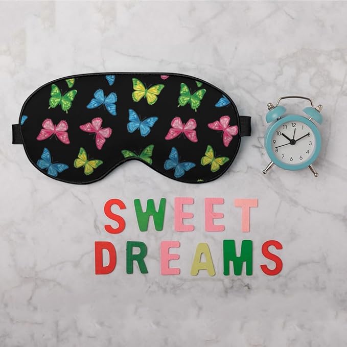 Rainbow Butterfly Sleep Mask Eye Mask Black Blue Pink Purple Butterfly Sleep Mask Light Blocking Adjustable Smooth Soft Eye Masks for Women Deep Rest Travel