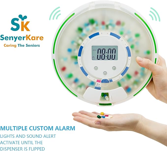 Automatic Pill Dispenser with Alarm, Flashing Light and Sound, 28 Day Pill Dispenser Machine for Elderly, Frosted Lid with Safety Lock, Medication Dispenser Improving Your Pills Privacy