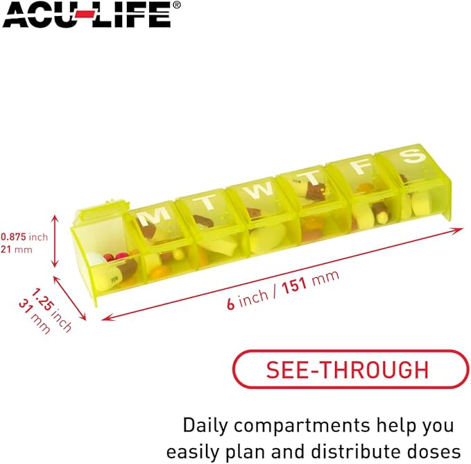 Acu-Life Weekly (7-Day) Pill Case, Medicine Planner, Vitamin Organizer Box, Large Compartments, Convenient and Easy to Use, Color May Vary, BPA Free