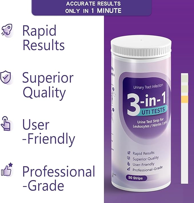 UTI Test Strips - 3-in-1 Advanced Urinary Tract Infection Home for Women Men Kids Detection with Accurate Leukocytes, Nitrite, and PH Readings, Simple at-Home Urine Test Strips, 50ct