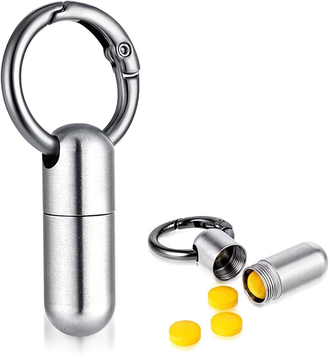 Small Pill Case Keychain Tiny Portable Carabiner Clip Pill Holder Bottle Micro Waterproof Metal Pill Container Mini Emergency Medicine Organizer for Outdoor Camping Travel Purse