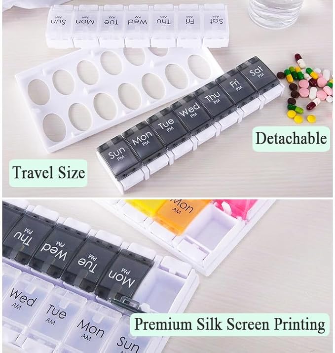 7-Day Weekly Pill Case, Daily Medicine Box Planner, Portable Vitamin Organizer Dispenser, AM/PM, Large 14 Compartments Capsule Fish Oil Tablet Container, Black and Transparent Lids, BPA Free