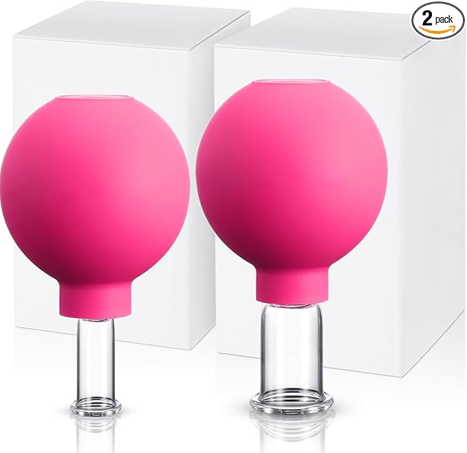 Nuanchu 2 Pieces Facial Cupping Set, Glass Cupping Cups Glass Silicone Cups Vacuum Suction for Face Skin Back Shoulder Muscle(1 Inch and 0.4 Inch Diameter,Rose Red)