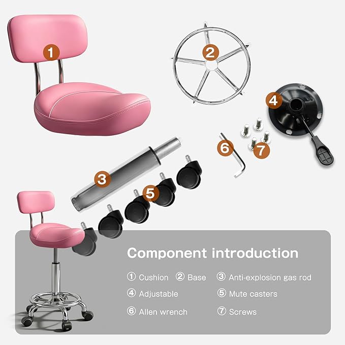 Saddle Stool with Ring Pedal and Back, Adjustable Hydraulic Rolling Chair with Wheels for Medical, Massage, Salon, Spa, Kitchen, and Drafting Use
