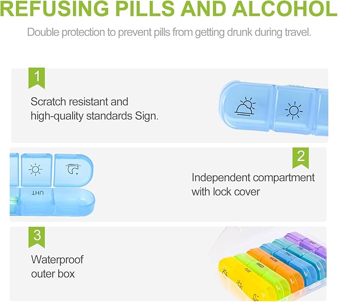 Weekly Pill Organizer 7-Day 3 Times a Day Travel Pill Box Large Capacity Removable Daily Pill Case for Medications Vitamins & Supplements BPA-Free