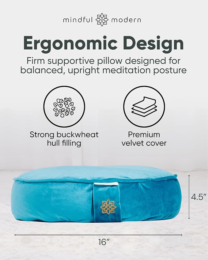 Mindful Modern Velvet Meditation Cushion | Luxe Zafu Yoga Floor Pillow Seat | Posture Support | Buckwheat Hull Filled | Large Round Cushion with Removable Washable Cover + Carry Handle