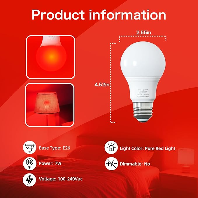 Red Light Bulbs for Sleep 670nm Natural Sleep Aid Lamp Blue Light Blocking 7W E26 Base for Stress Relief Relaxation Travel Meditation and Yoga