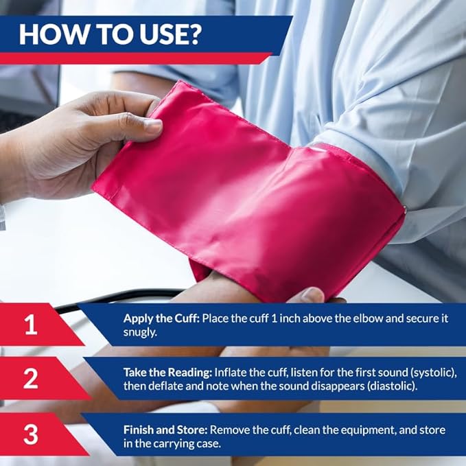 Dixie EMS Aneroid Sphygmomanometer and Dual Head Stethoscope Set with Adult Size Blood Pressure Cuff, Calibration Key and Carrying Case – Pink