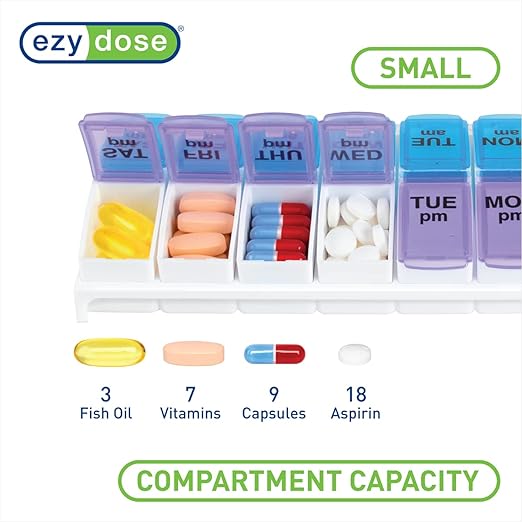 Ezy Dose Weekly (7-Day) AM/PM Pill Organizer, Vitamin and Medicine Box, Small Pop-out Compartments, 2 Times a Day, Blue and Purple Lids
