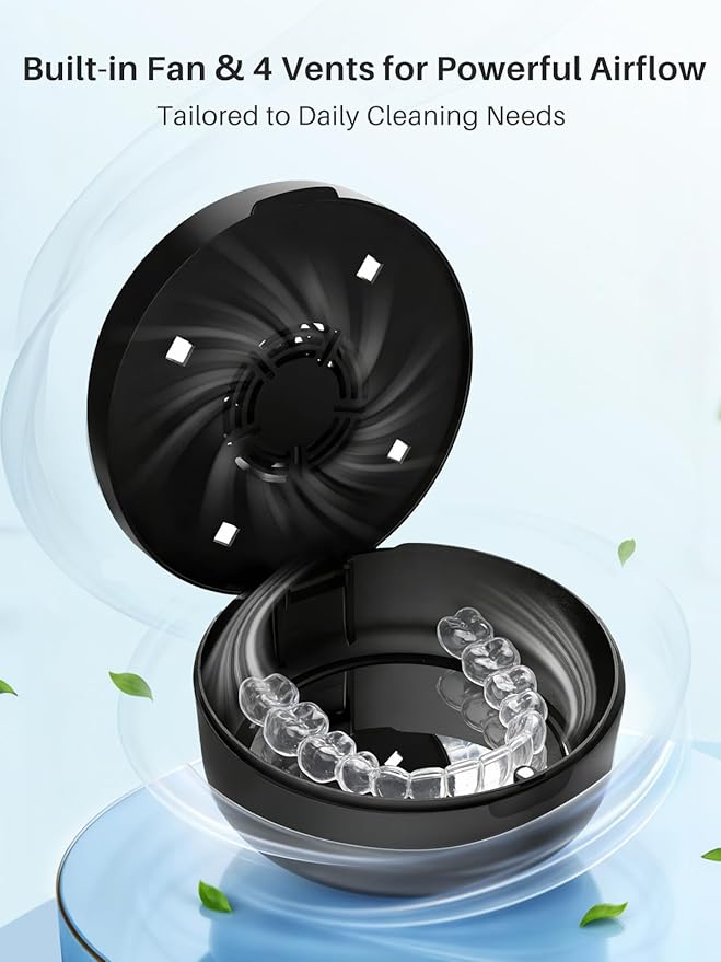 Voraiya UV Retainer Case with Fan, UVC Retainer Cleaner, Aligner Case Includes Vent Holes and Mirror, Portable Retainer Holder Box for Mouth Guard, Aligners, Night Guard, Black
