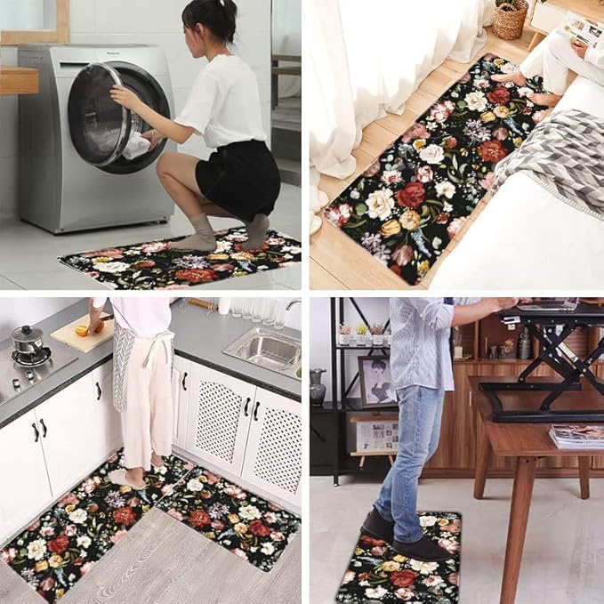 Bulijojo Black Flowers Anti Fatigue Kitchen Floor Mats Set of 2 Waterproof Kitchen Sink Runner Rug Standing Mat Cushioned Kitchen Rugs Comfort Doormat 17"x47"+17" x30“