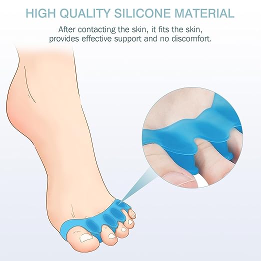 Silicone Toe Separators for Women & Men - Toe Spacers for Bunion Relief, Hammer Toe, Plantar Fasciitis & Pedicures | Includes Metatarsal Pad & Therapeutic Yoga Cushion for Foot Pain (8, Blue)